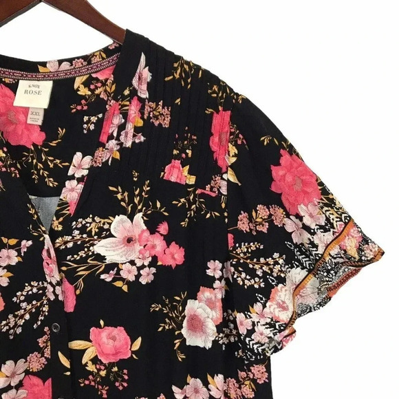 Knox Rose Womens Size XXL 2XL Floral Button Up Short Sleeve Top Shirt Career - Picture 3 of 13